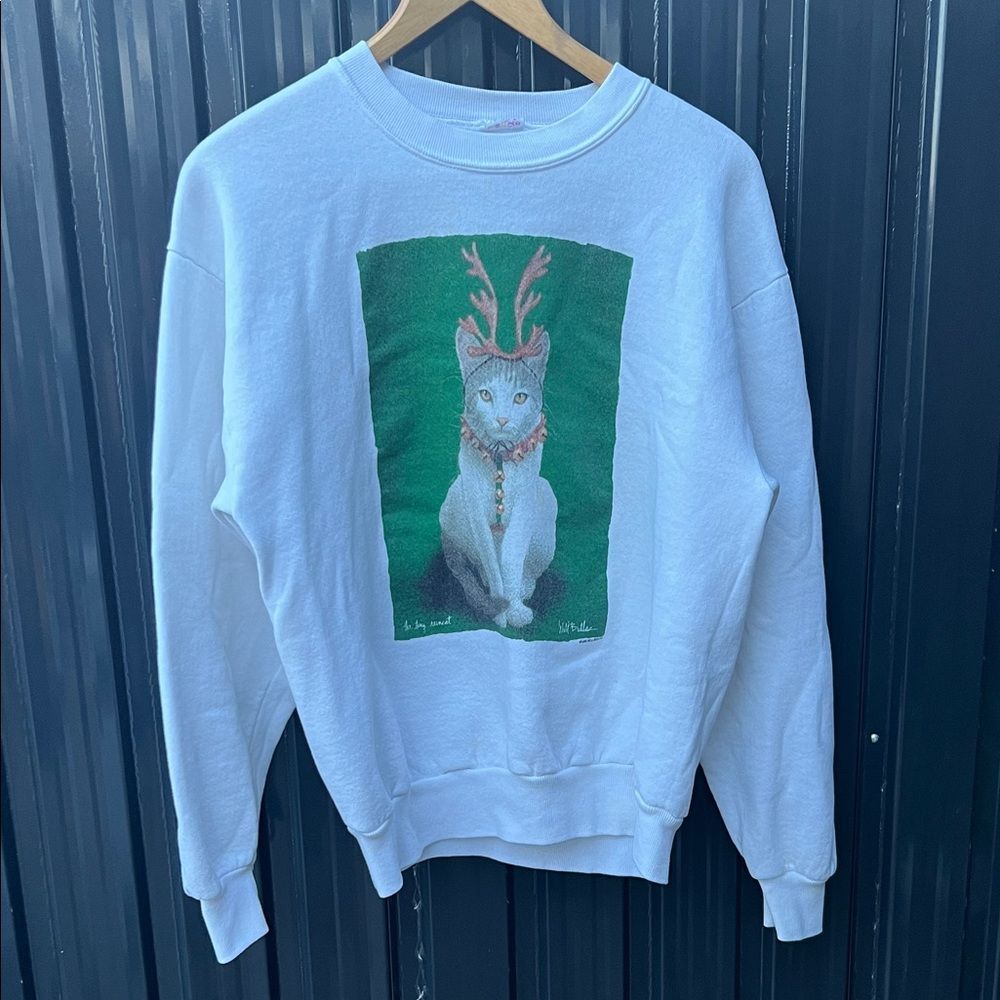 Vintage 90s Will Bullas White Christmas Cat Antlers Graphic Sweatshirt Pullover - Picture 7 of 13